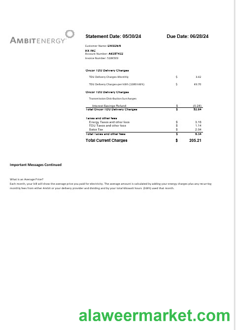 USA Ambit Energy business utility bill Word and PDF template 3 page